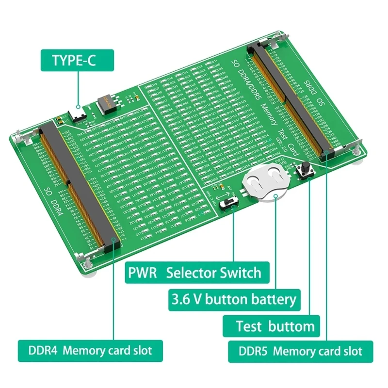 DDR4/5 메모리 테스트 카드 노트북 DDR4/DDR5 라이트 테스터 진단 카드 메모리 스틱이 있는 2-In-One 메모리 테스터 도구