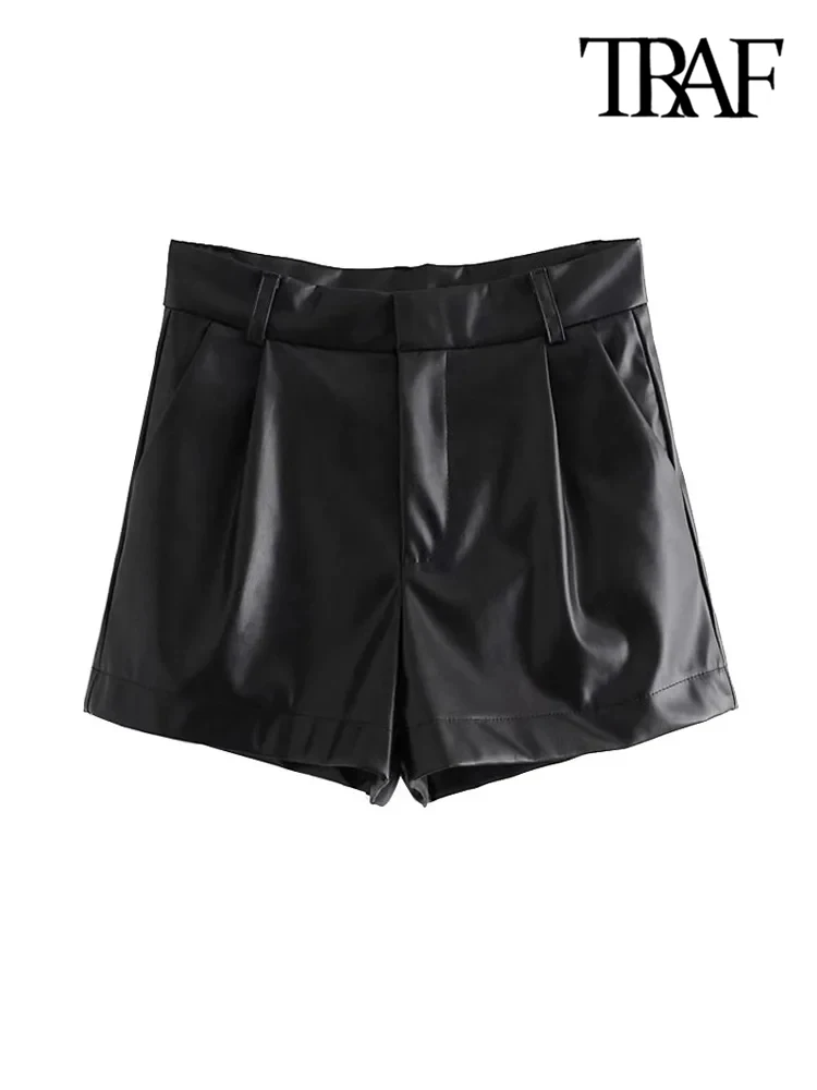 TRAF-Women's Faux Leather Shorts with Side Pockets, High Waist, Zipper Fly, Female Short Pants, Chic Fashion