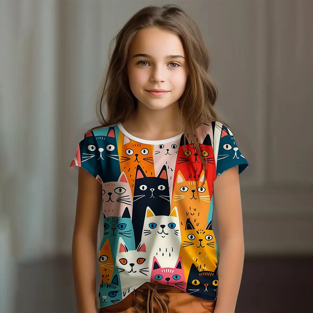 

Girl Clothes Summer Cartoon Cat Graphic Children's Clothing Kids Art Doodling Short Sleeve T Shirt Causal O-Neck Children Top