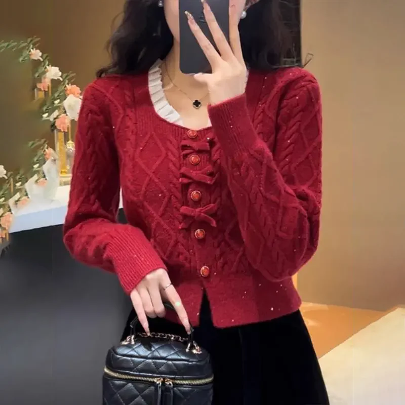 Women Cable Knit Cardigan V‑Neck Ruffle Trim Bow Decor Button‑Up Short Sweater Warm Knitwear Autumn Winter Female Party Tops