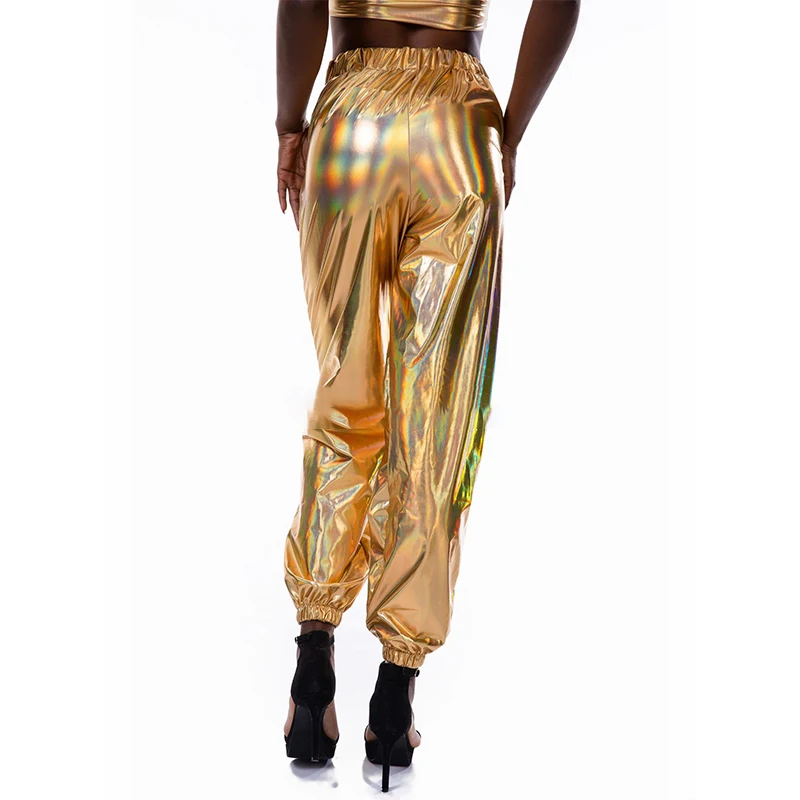 Sexy Cropped Holographic Hoodies Women Shiny PU Metallic Hoody Long Sleeve Sweatshirts Clubwear Pants Club Dancewear