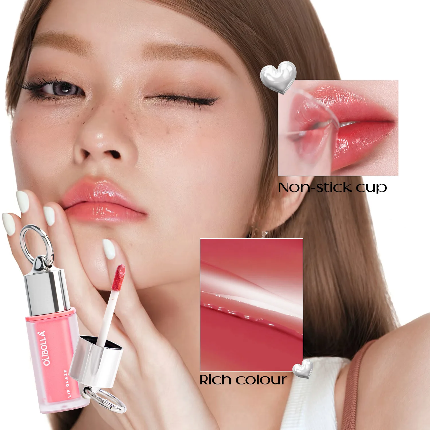 Brilho labial espelhado antiaderente de cor natural, que não desbota, com efeito de contorno labial duradouro e que não desvanece. Maquiagem.