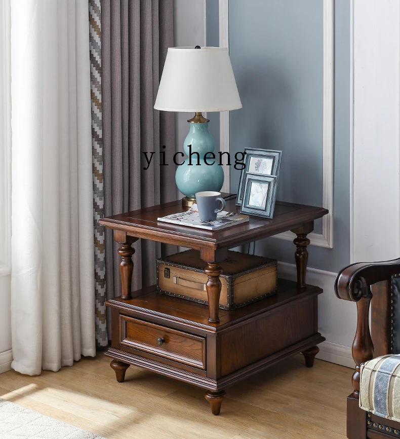 

HXL Solid Wood Side Table Square Small Coffee Table Vintage Sofa Corner Table