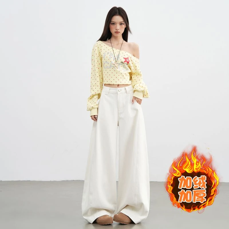 

ZHISILAO New Winter Fur Wide Leg Jeans Women Vintage Casual Winter Warm Baggy Denim Pants Streetwear 2025