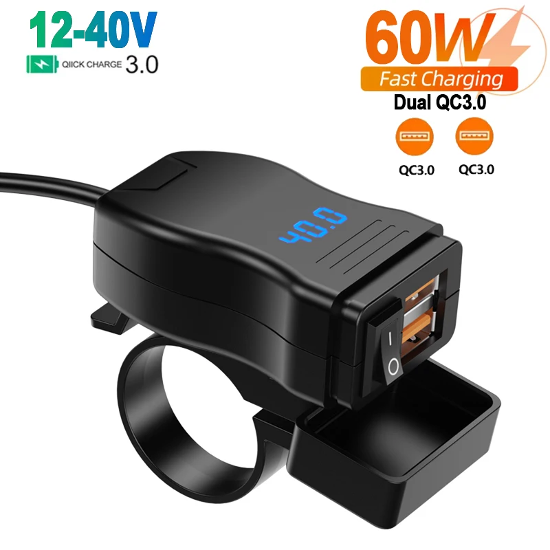 Motorcycle Vehicle-Mounted Charger Waterproof Adapter 12V-40V Phone Charger Dual USB Ports Quick Charge With Switch Voltmeter