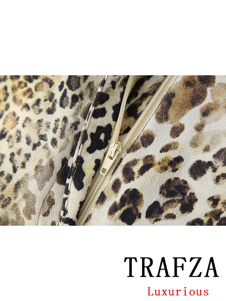 TRAFZA Vintage Casual Chic Leopard Print Women Suit Sleeveless Bow Cami Top Loose Long Zipper Pants New Fashion 2024 summer Sets