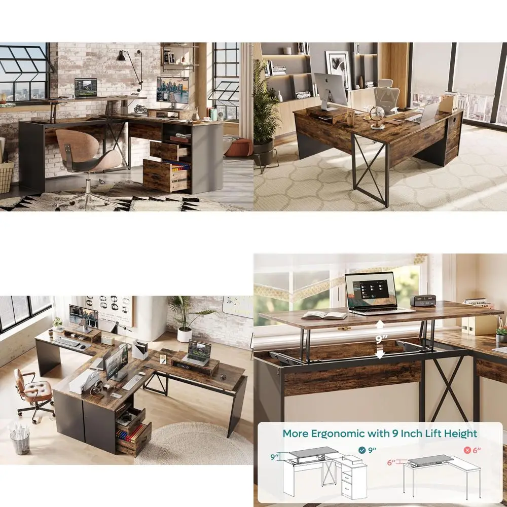 

L-Shaped Desk with File Drawer, 55 x 55 Office Desk, Reversible Storage Drawers, Standing Desk Option