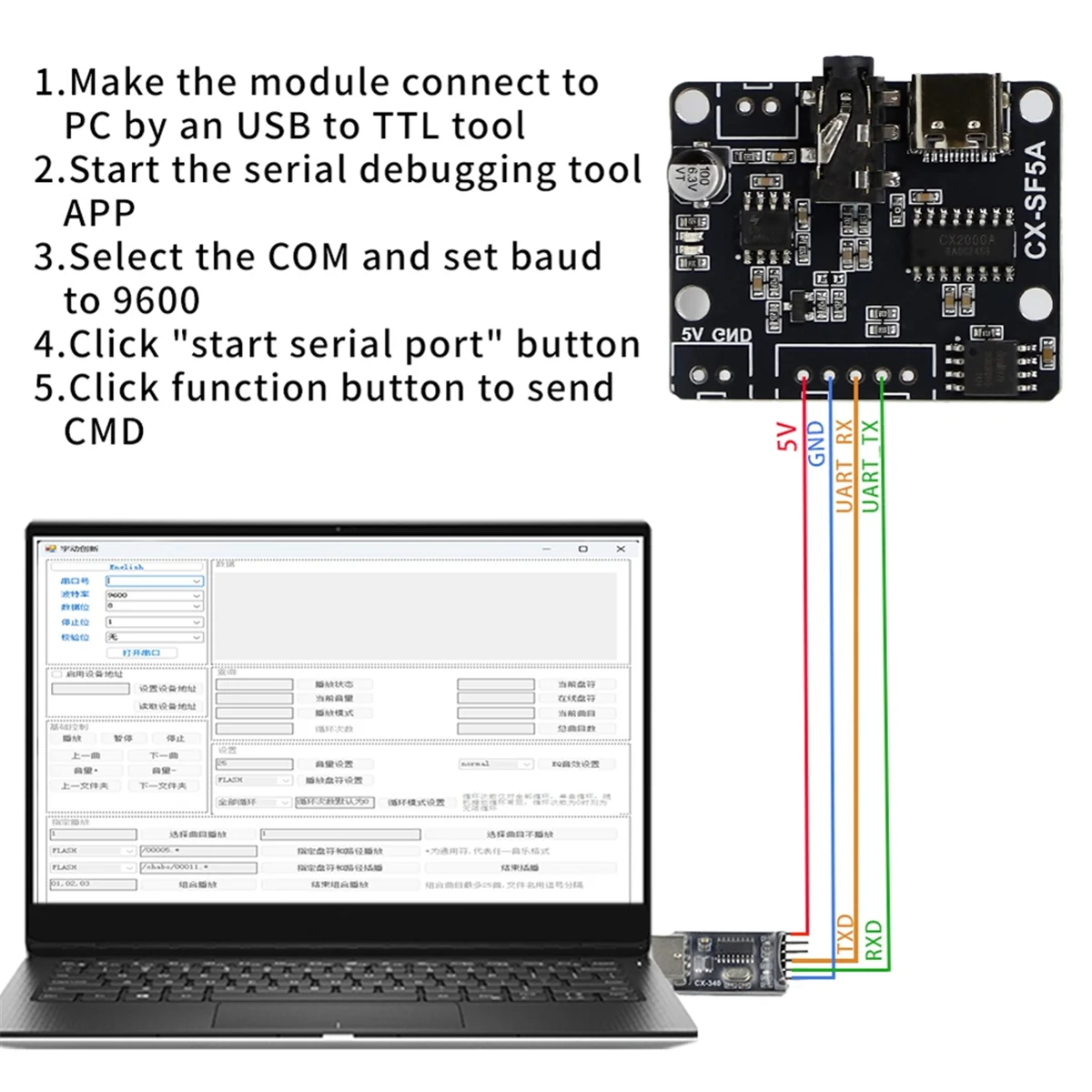 Retail! CX-SF5A Serial Port Control Voice Playback Module Board MP3 Music Player 5W MP3 Playback Serial Control Voice Module A