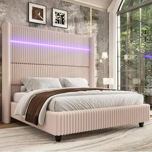Queen Bed Frame Faux-Fur Upholstered 60
