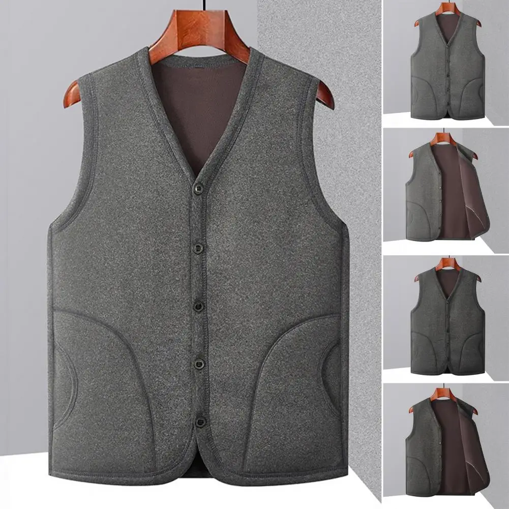 Men Winter Vest Coat V-Neck Sleeveless Single-Breasted Waistcoat Solid Color Thickened Velvet Lining Bottoming Tops