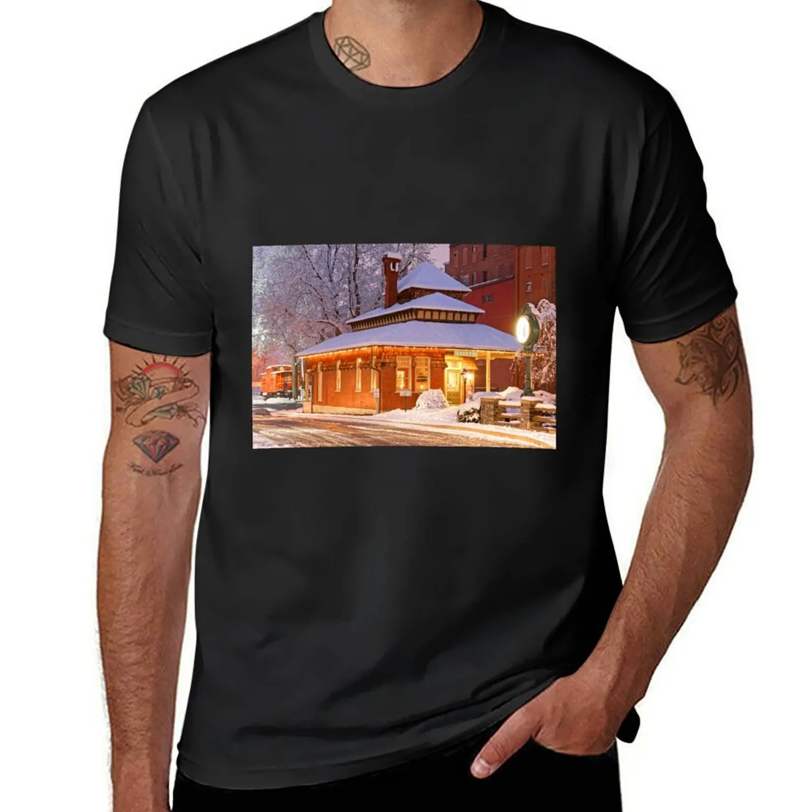 Old Railroad Station with Snow T-Shirt blanks Short sleeve tee t shirt men