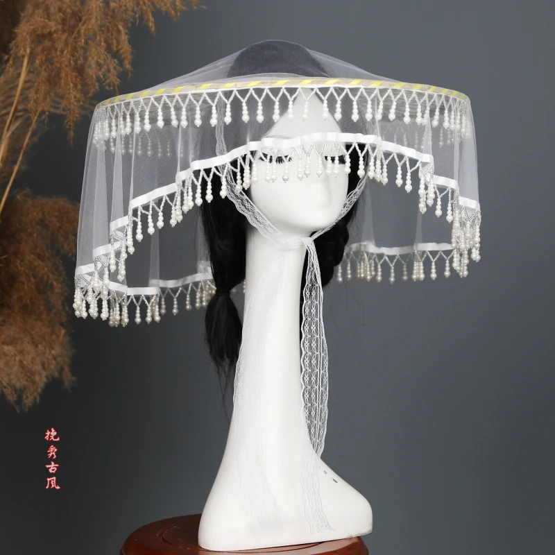 Rideau à pampilles à double couche de style prairie, chapeau de tête en bambou, accessoires de photographie Hanfu, parapluie de tête polyvalent pour costume de prairie