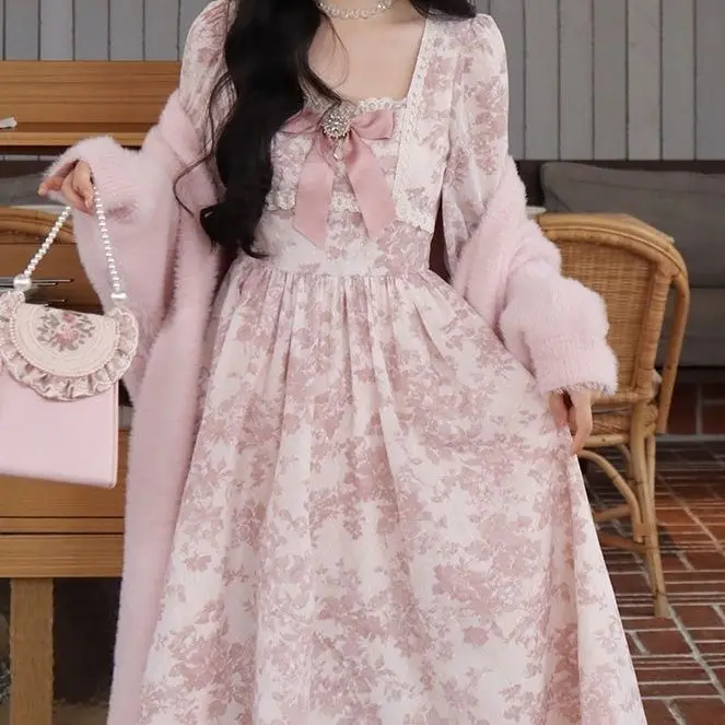 Sweet Pink 2023 Dresses For Women Floral Print Elegant Evening Party Kawaii Vintage Midi Dresses Lace Bubble Sleeve Retro Dress