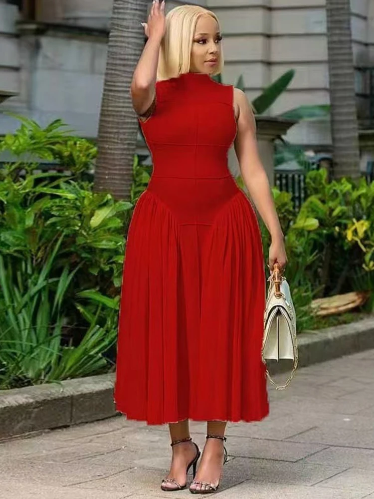 ノースリーブドレス女性のためのプリーツカジュアルドレスコルセットウエストエレガントなファッションレディースサマードレス卸売ドロップシッピング