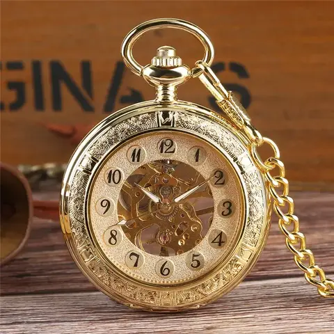 Luxury Golden Skeleton Hand-Wind Mechanical Pocket Watch for Men Women Fob Pendant Chain Clock with Arabic Number Display