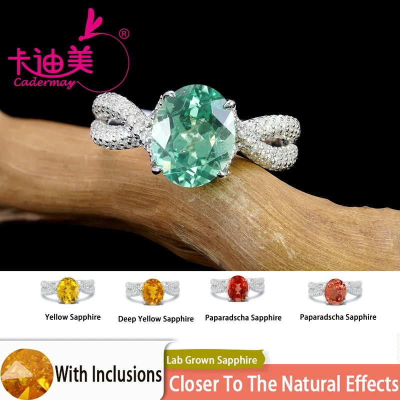 

CADERMAY High Quality Silver 925 Paparadscha Light Green Lab Grown Sapphire Rings D VVS Moissanite Ring For Women Jewelry