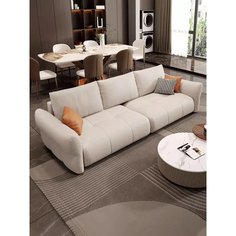 

Leather sofa: modern and simple living room, three or four people, straight row, small apartment, light luxury, minimalist cream