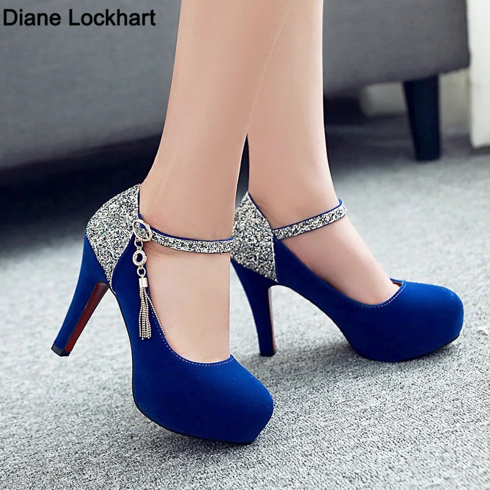 2024 New 11CM Women High heels Velvet Shoes Ladies Fashion Lady Pumps Round Toe Bling Tassel Party Dance Wedding shoes Blue32-43