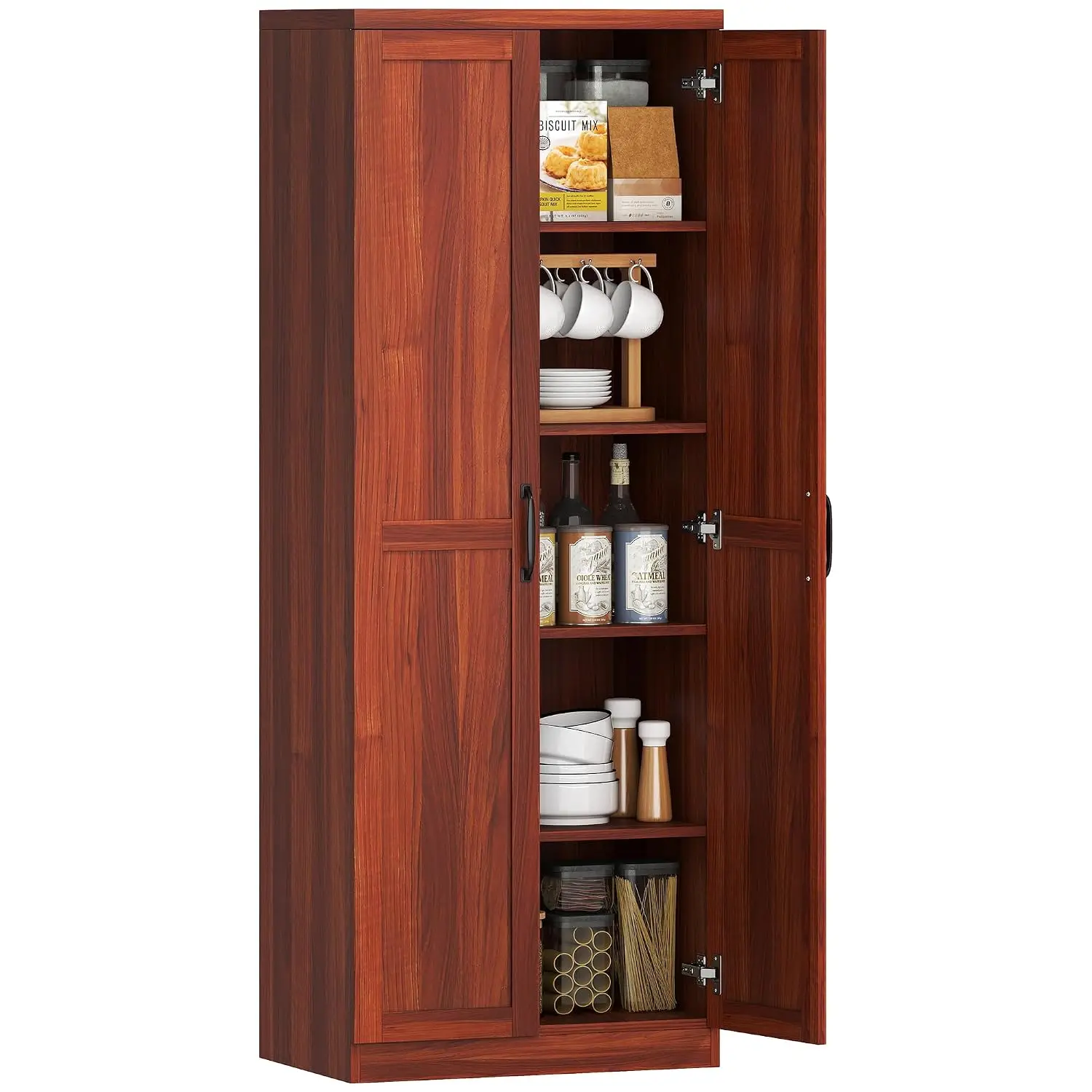 63 Inch Kitchen Pantry Cabinet with Doors, Adjustable Shelves, Teak Wood Storage Cupboard for Kitchen, Dining Room, Bathroom