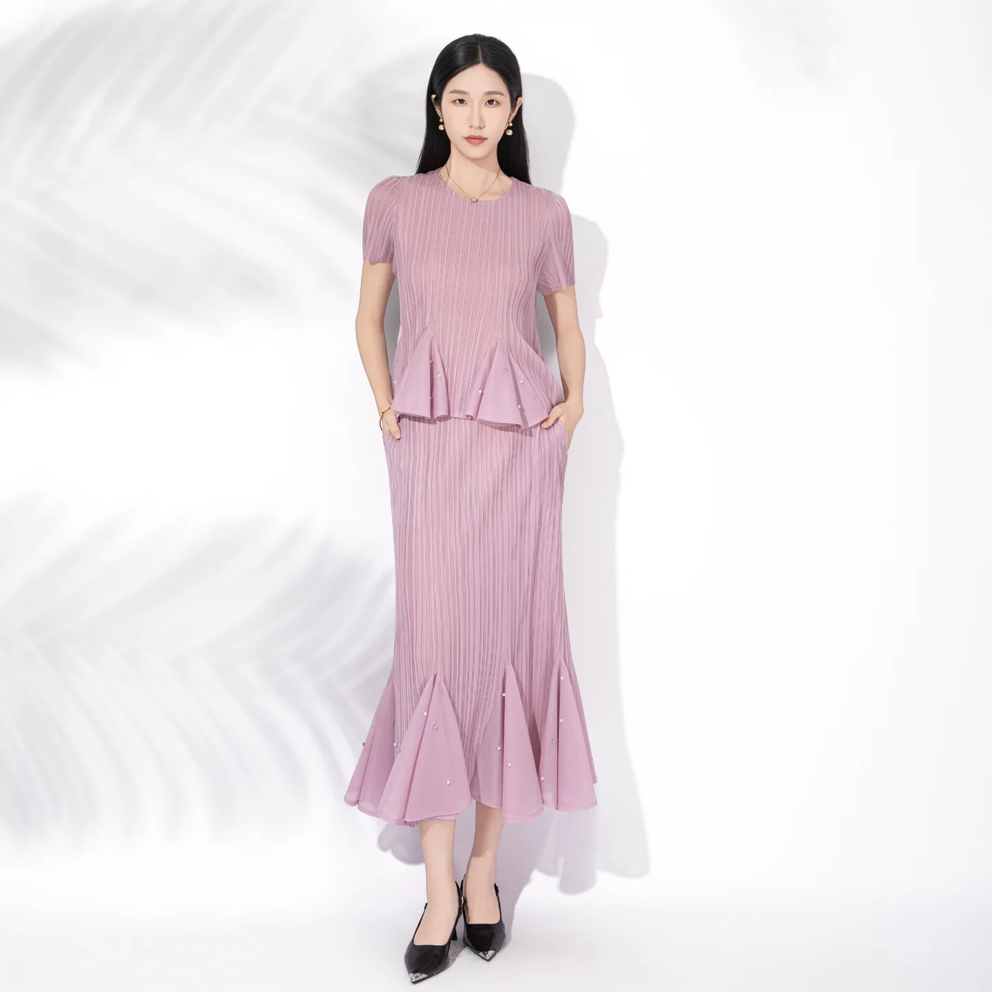 Miyake Niche Design Women's Pleated Two Pieces Set Beaded Short-sleeve Ruffle O-neck Top + High-waisted Fishtail Skirt