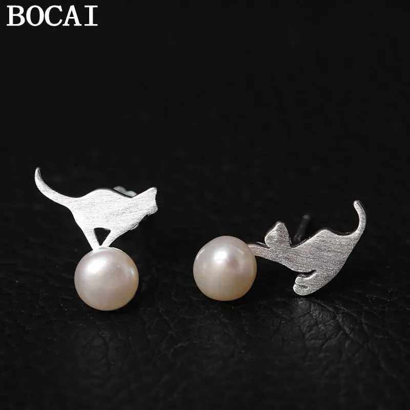 

BOCAI NEW S925 Silver Creatively Sweet Asymmetrical Brushed Cat Earrings Women's Gift