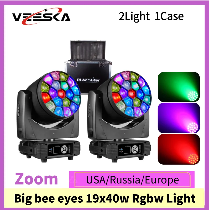 2pcs Paky 19x40 Zoom Wash Bee Eye Moving head light 19x40W Rgbw 4In1 LED Bee eye Clay Paky bee eye Stage Lights Flight Case