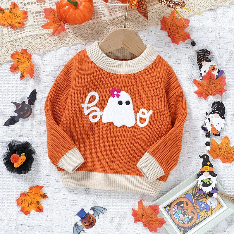 長袖ラウンドネックセーター、ニットトップス、文字刺繍、赤ちゃんと幼児のためのハロウィーンセーター