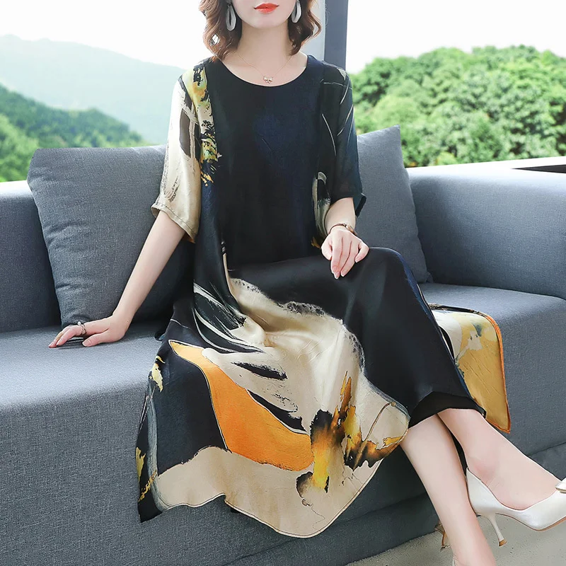 Long Skirt 2023 Summer Loose Everything Temperament Women Rich Lady Too Fashionable Loose Show Thin Print Long Dress Commuting