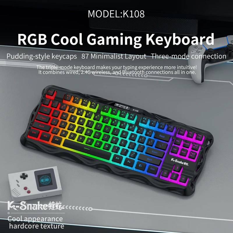 ksnake K108 Bluetooth wireless three-mode keyboard hollow laptop desktop gaming e-sports RGB lighting charging
