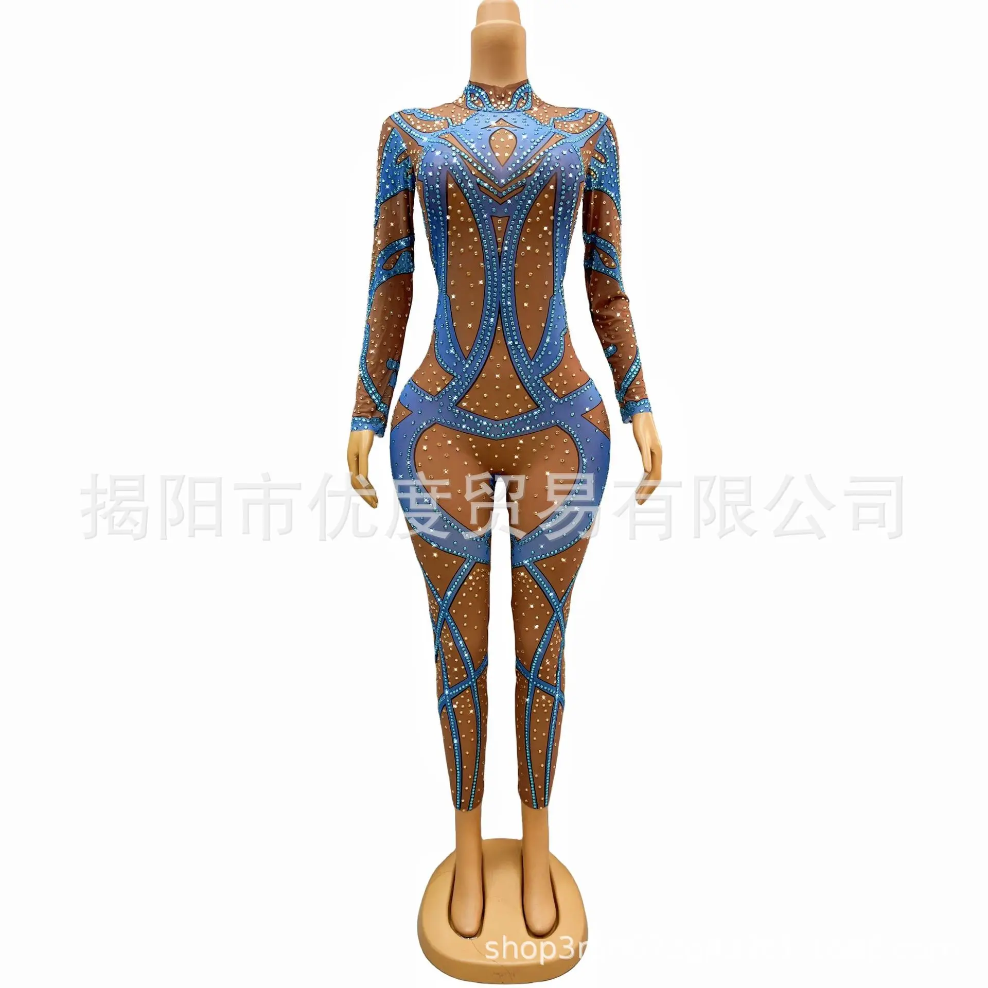 

Sexy Niche Luxury Rhinestone Mesh Slim Jumpsuit Singer Night Reception Performance Blue Goldfish Designer Luxury Evening Dresses