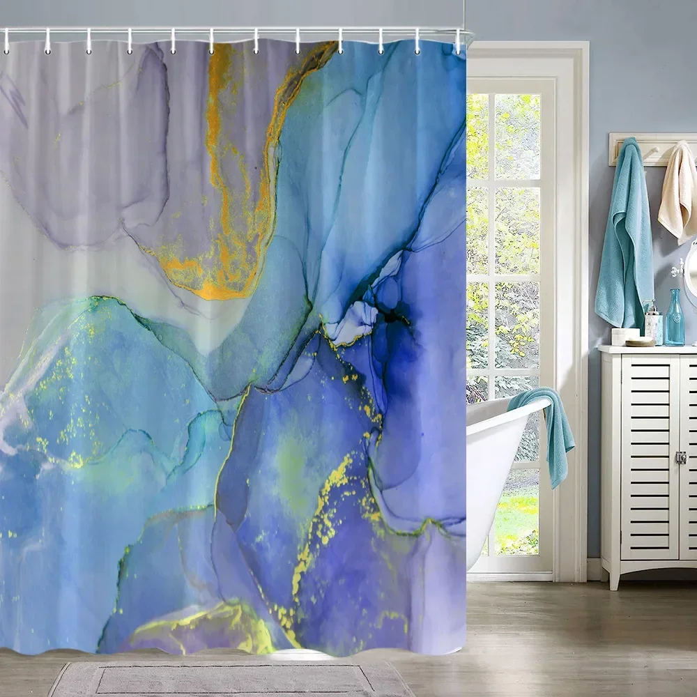 Colorful Marble Shower Curtain Abstract Blue Purple Jade Texture Gold Stripes Ombre Shower Curtain Modern Ink Art Bathroom Decor