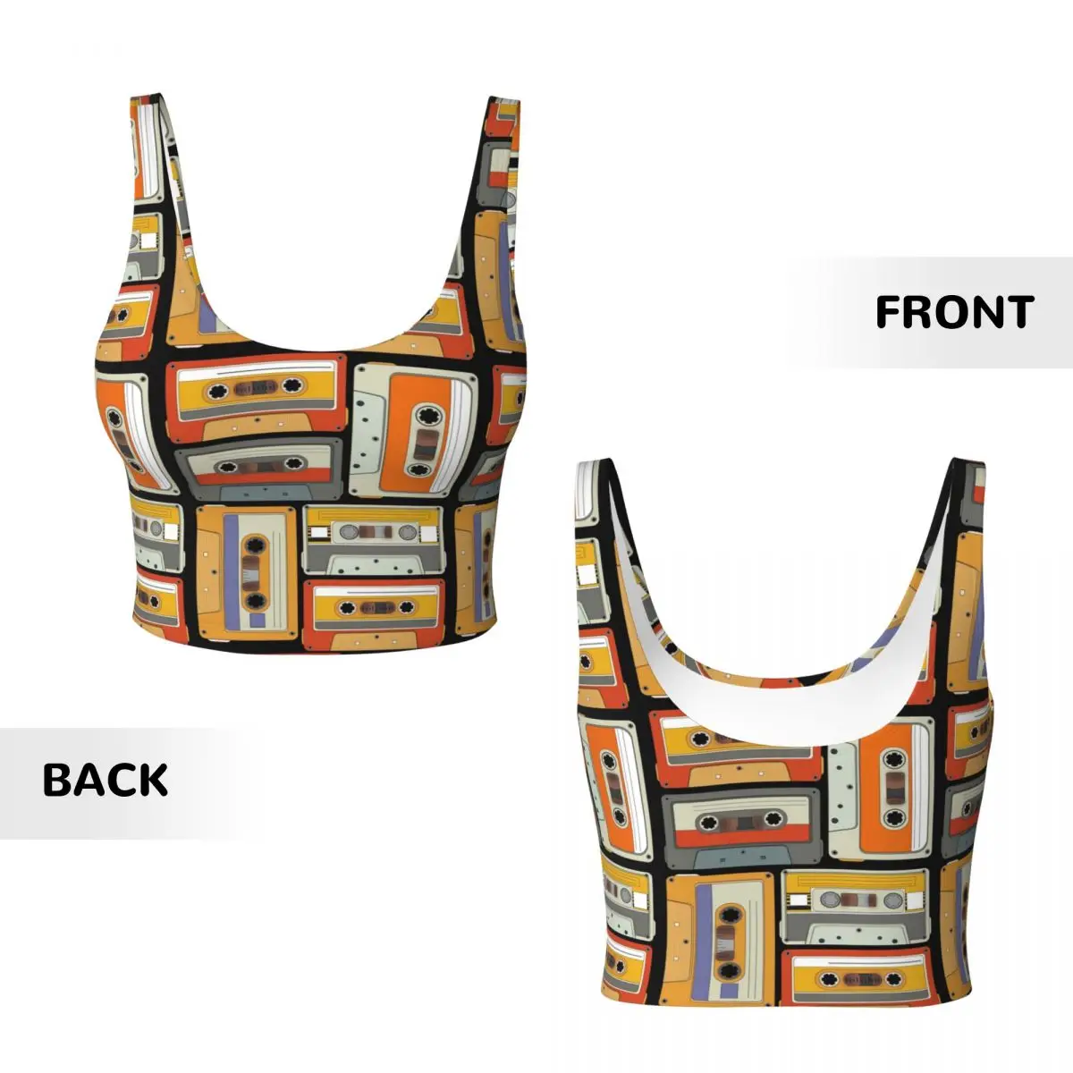 カスタム80年代風ヴィンテージカセットテープ柄スポーツブラ、ハイインパクトベスト、ジムワークアウト、ヨガ、クロップタンクトップ