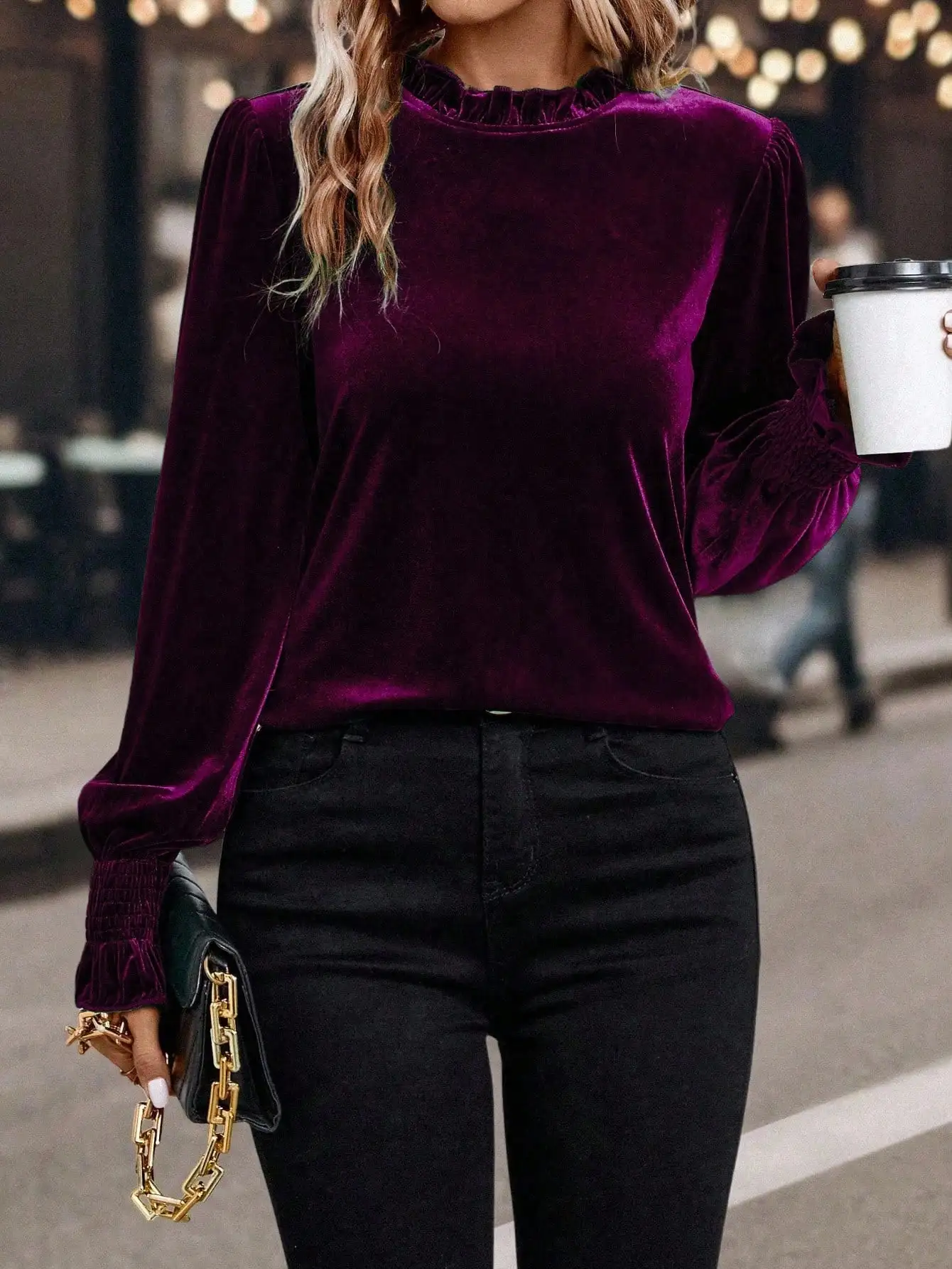 

Elegant Solid Color Puff Sleeve Velvet Blouse For Autumn Commuting