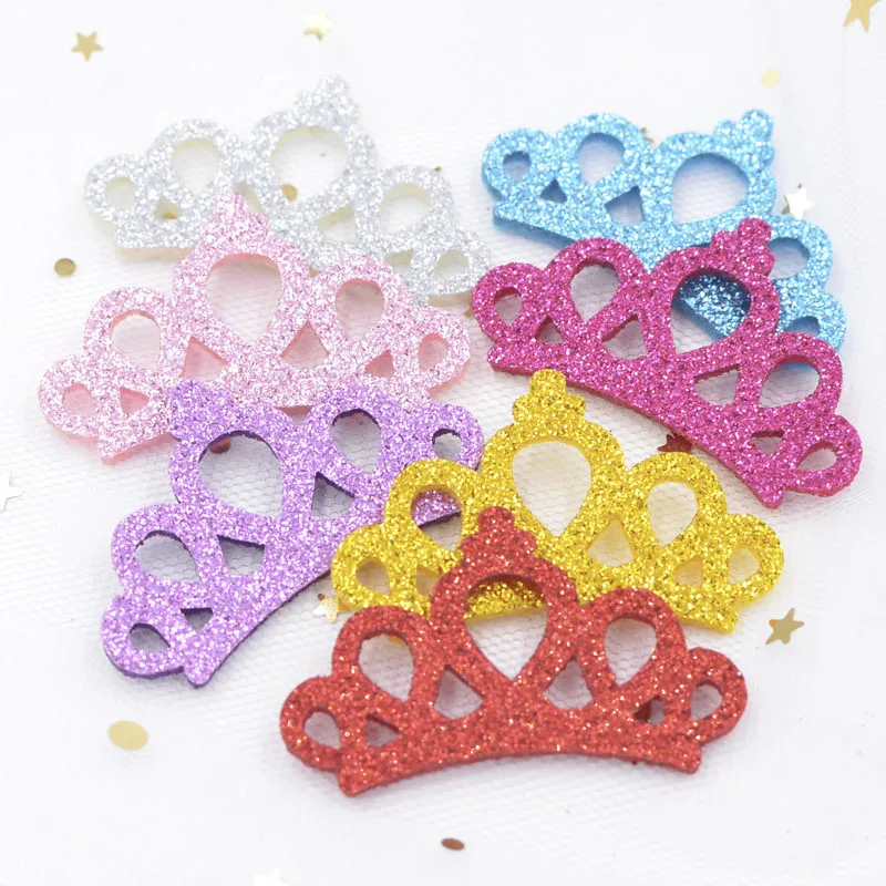 20Pcs 46mm Glitter Powders Fabric Felt Padded Appliques Pink Crown Patches for Crafts Garments Decor DIY Hair Bow Ornament