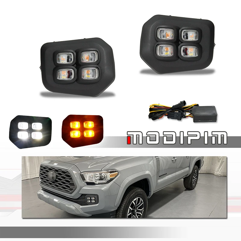 

Smoked Lens Dual-color White LED Car Front Bumper DRL Fog Lights w/ Amber Yellow Turn Signal Lights For 2016-2022 Toyota Tacoma