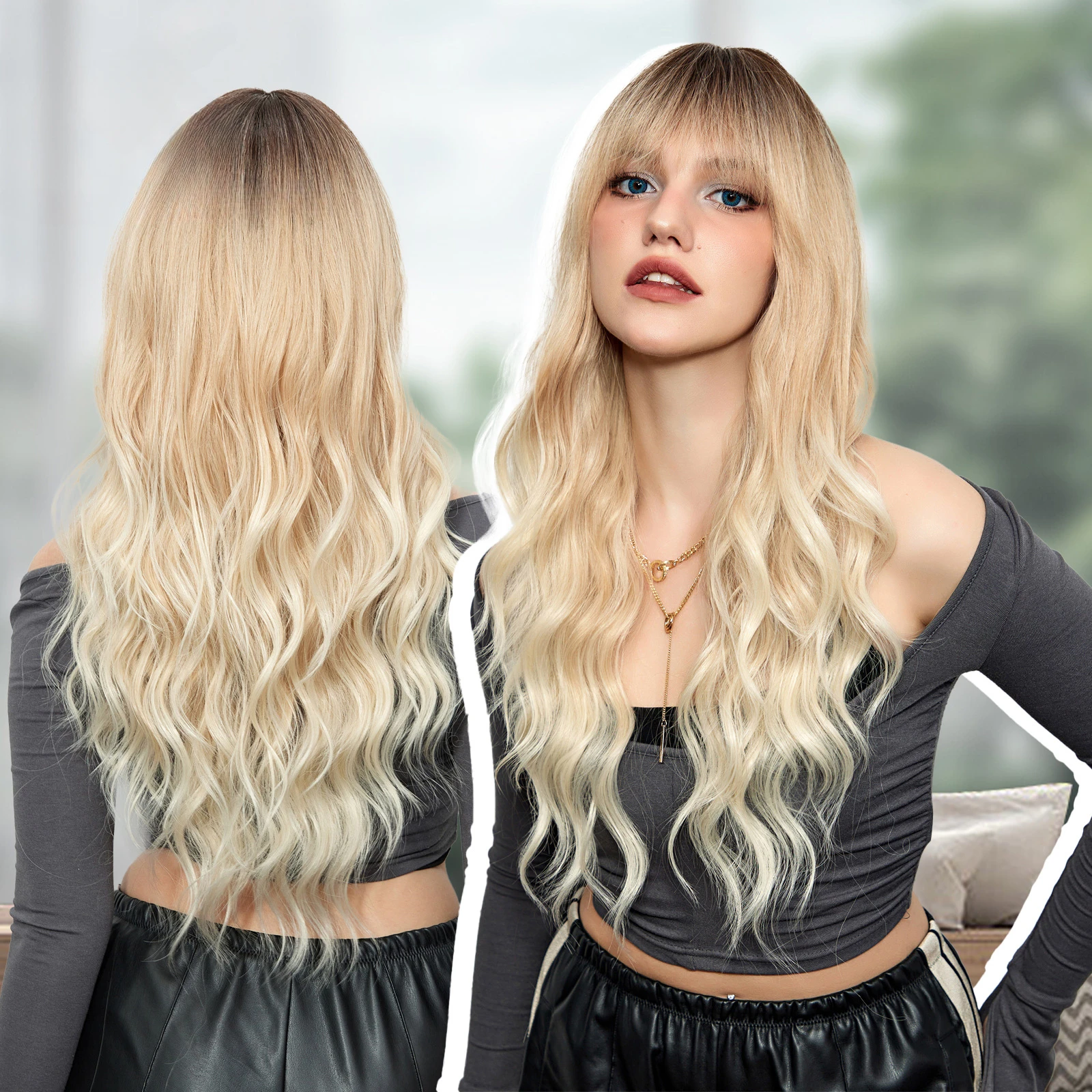 

Blonde Unicorn Long Synthetic Ombre Brown Wavy with Bangs Cosplay for Women Party Heat Resistant Fiber Wigs