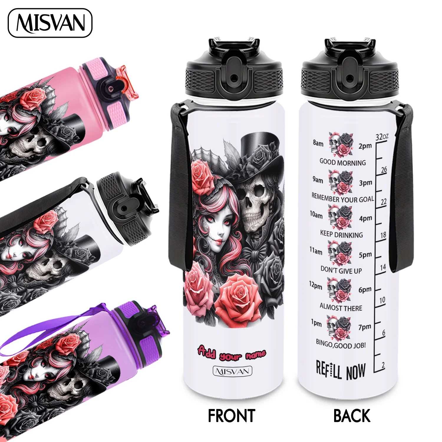 

1 шт., Бутылка для воды 32 унции с градиентным дизайном «Пара скелетов с красными и черными розами», герметичная, с HD-рисунком, не осыпающимся, идеально подходит для занятий спортом, F