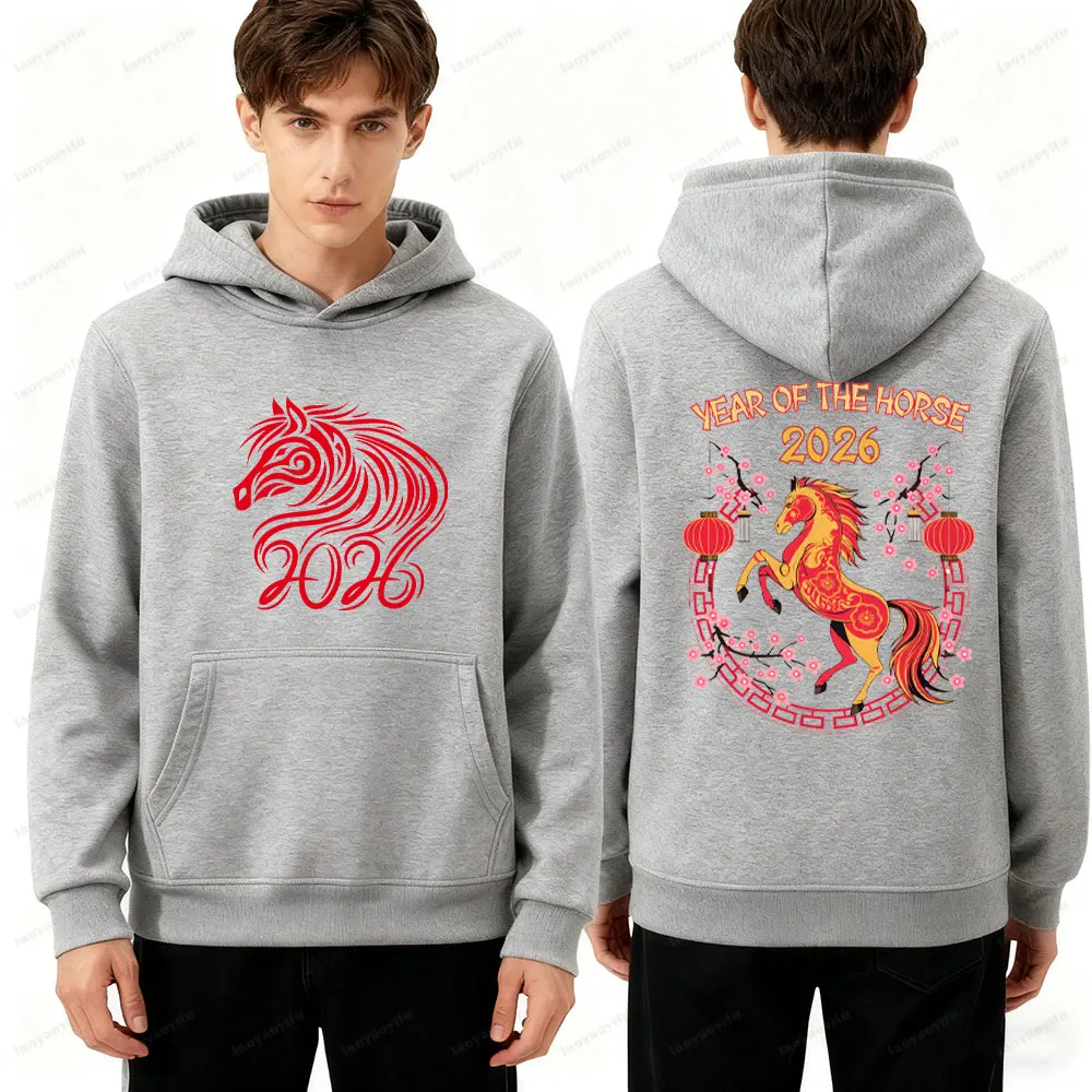 

Men Double-Sided Hoodie 2026 Chinese New Year Fire Horse Pattern Sweatshirt Streetwear Clothing for Men Year of the Horse Them