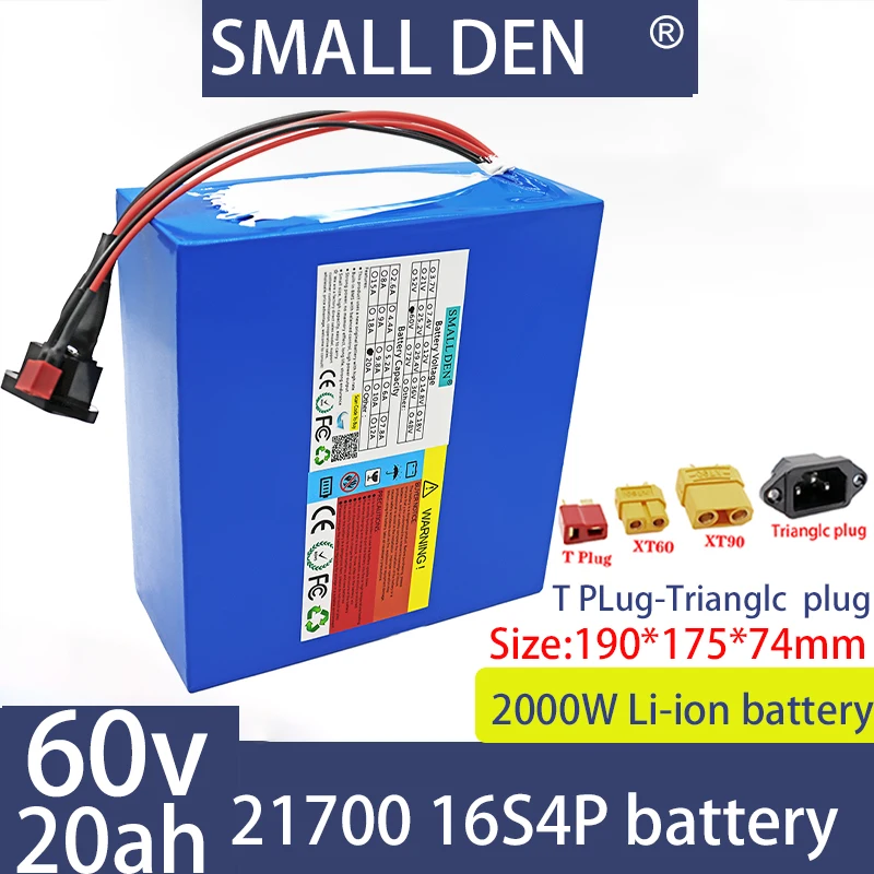 New 60V 20Ah 21700 lithium battery pack with 67.2V 16S4P built-in 30A BMS 1000W 2000W high-power battery+67.2V 2A 3A 5Acharger