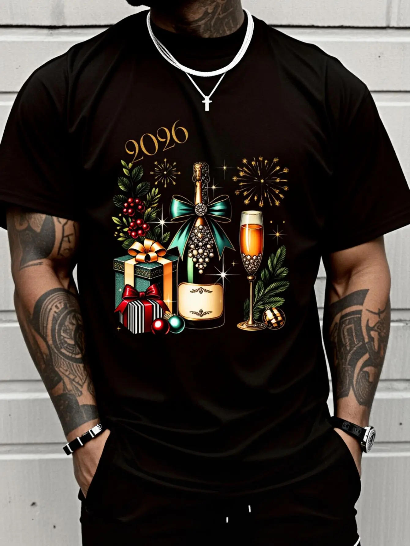 100% Cotton Men Women Cotton Tshirt New Year Champagne Celebration 2026 T-Shirt Print Round Neck Short Sleeve Streetwear Fashion Breathable Soft Unisex Designer