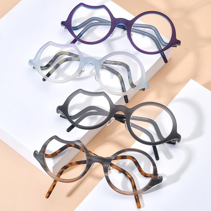 Niche artistic designer frosted patchwork colored glasses frame retro round irregular fashion personality hip hop optical glasse