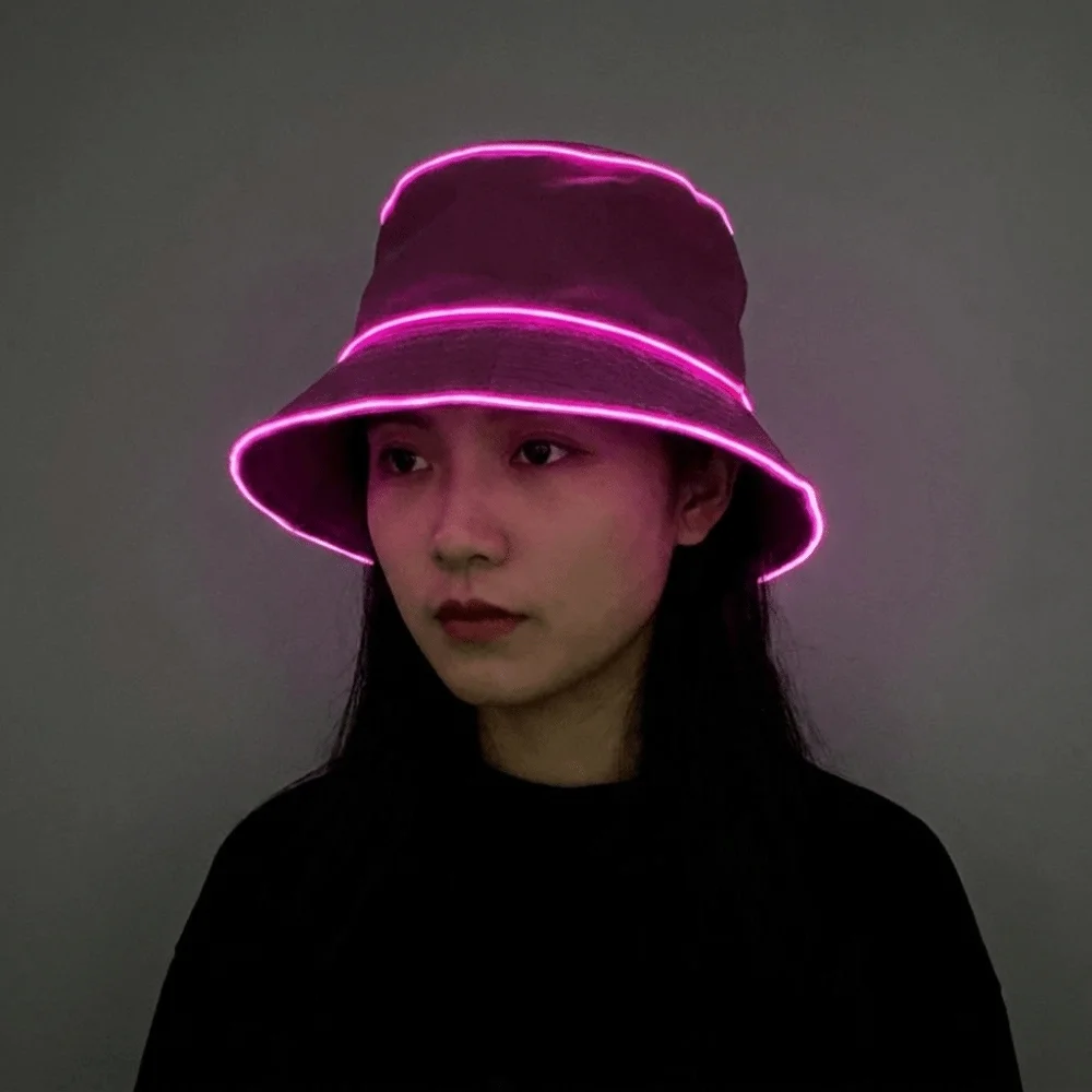 Battery Powered LED Bucket Hat Colorful Solid Color Luminous Hat Flashing Modes Grow in Dark Flashing Glow Hat