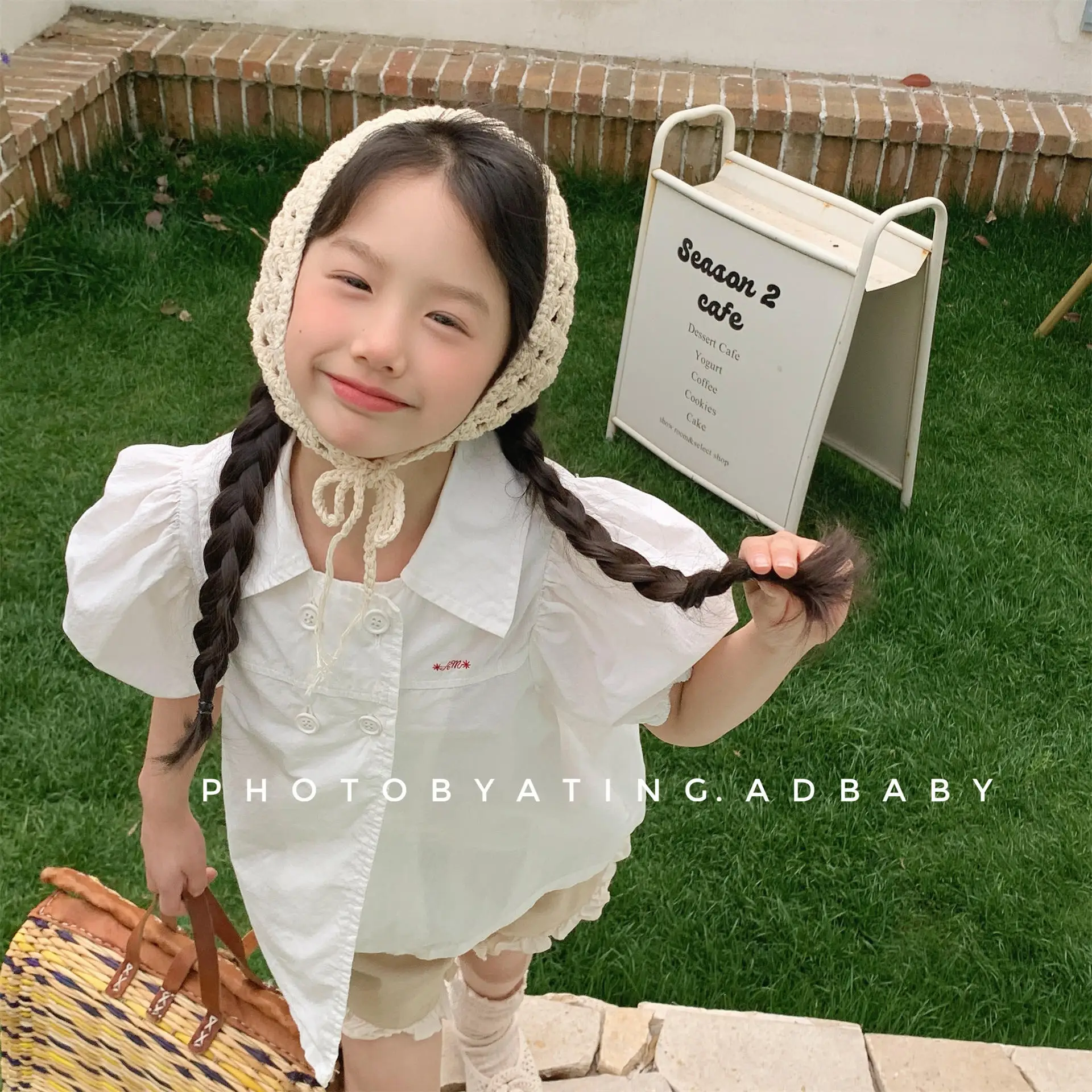 Children's clothing summer new girls' summer clothes Korean version embroidered puff sleeves short sleeve shirt shirt