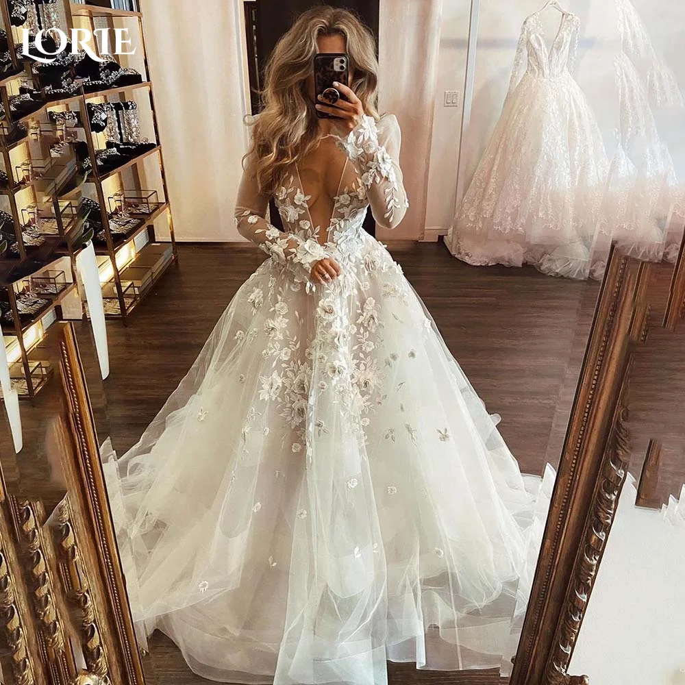 

LORIE Bohemia Wedding Dresses Deep V-Neck 3D Flower Appliques Lace Long Sleeve Bridal Gowns Beach Boho Wedding Dress customized