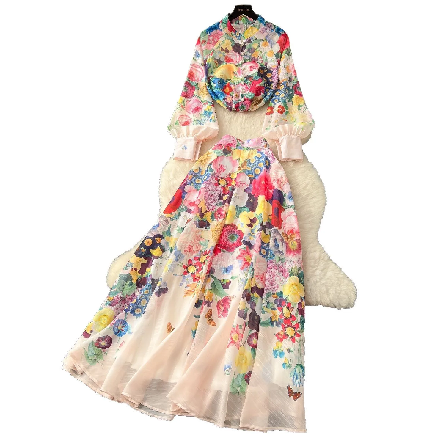 

skirt two-piece set elegant women's sets festivals outfit Perspective style women's lantern sleeve printed shirt suits