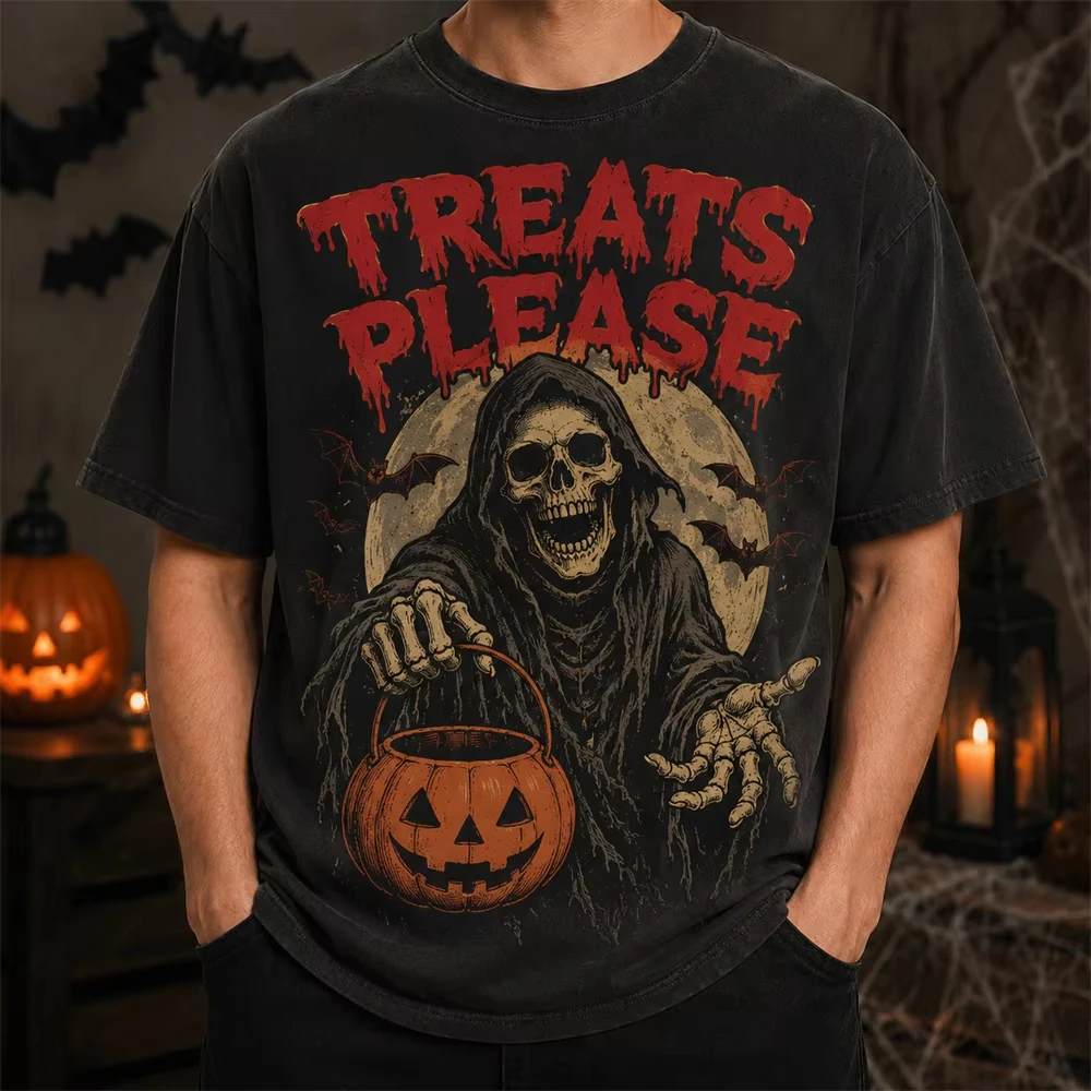 2026 Vintage Washed Halloween Treats Please Grim Reaper Skeleton T Shirt Men Women Pumpkin Bat Moon Print Oversized Unisex tops