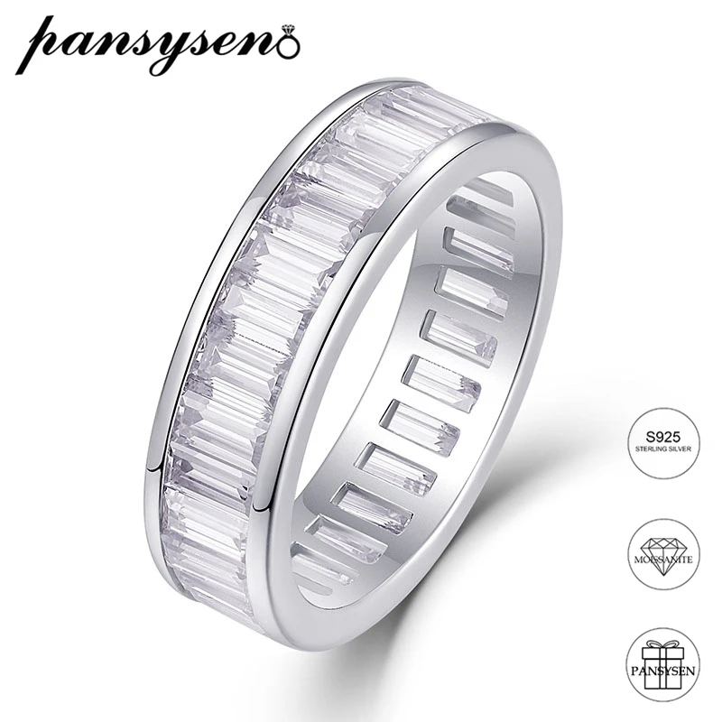 

PANSYSEN 100% 925 Sterling Silver 3EX VVS1 D Color 2*4MM Emerald Cut Real Moissanite Ring Wedding Bands Fine Jewelry for Women