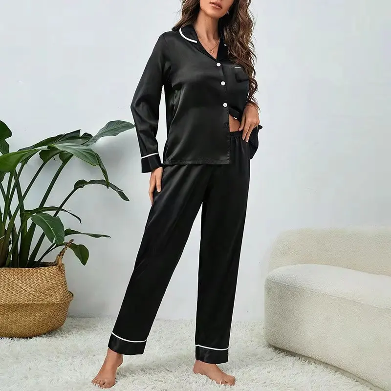 Women Satin Pajamas Autumn Long Sleeve Buttons Lapel Top & Pants Sleepwear 2 Piece Button-Down Pj Set  Christmas Sleepwear Set