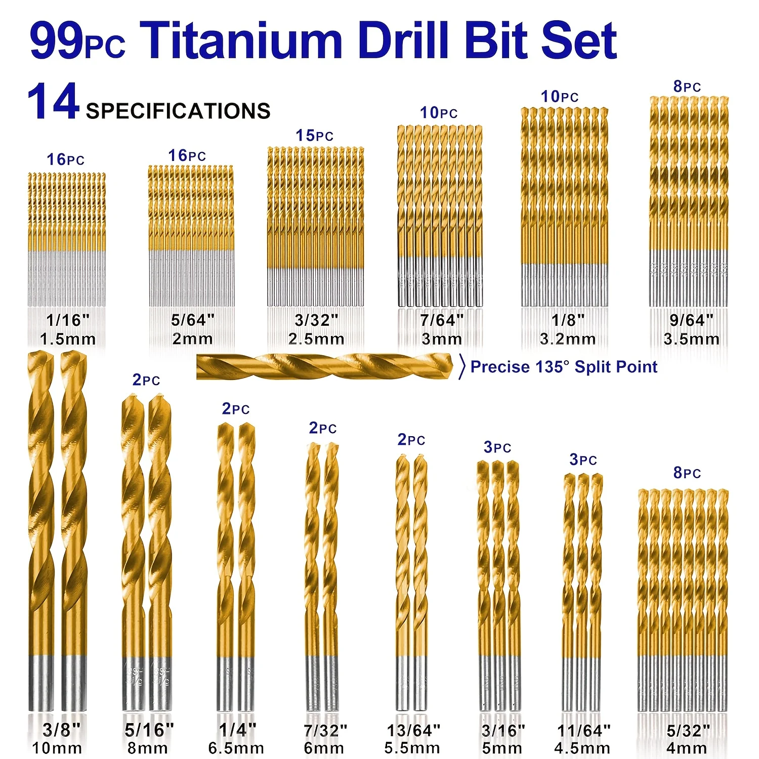 مجموعة لقم مثقاب تويست من التيتانيوم مكونة من 99 قطعة، 135 ° طرف فولاذي عالي السرعة، مقاس من 1.5 مم إلى 10 مم، حفر مثالي في الخشب، حديد الزهر #2