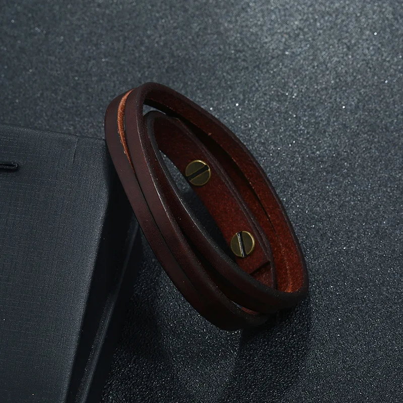 Hot Sale Punk Rock Double Layer Leather Bracelets Cowhide Wrap Cuff Bracelet Men Friendship Fashion Festival Hombre Jewelry